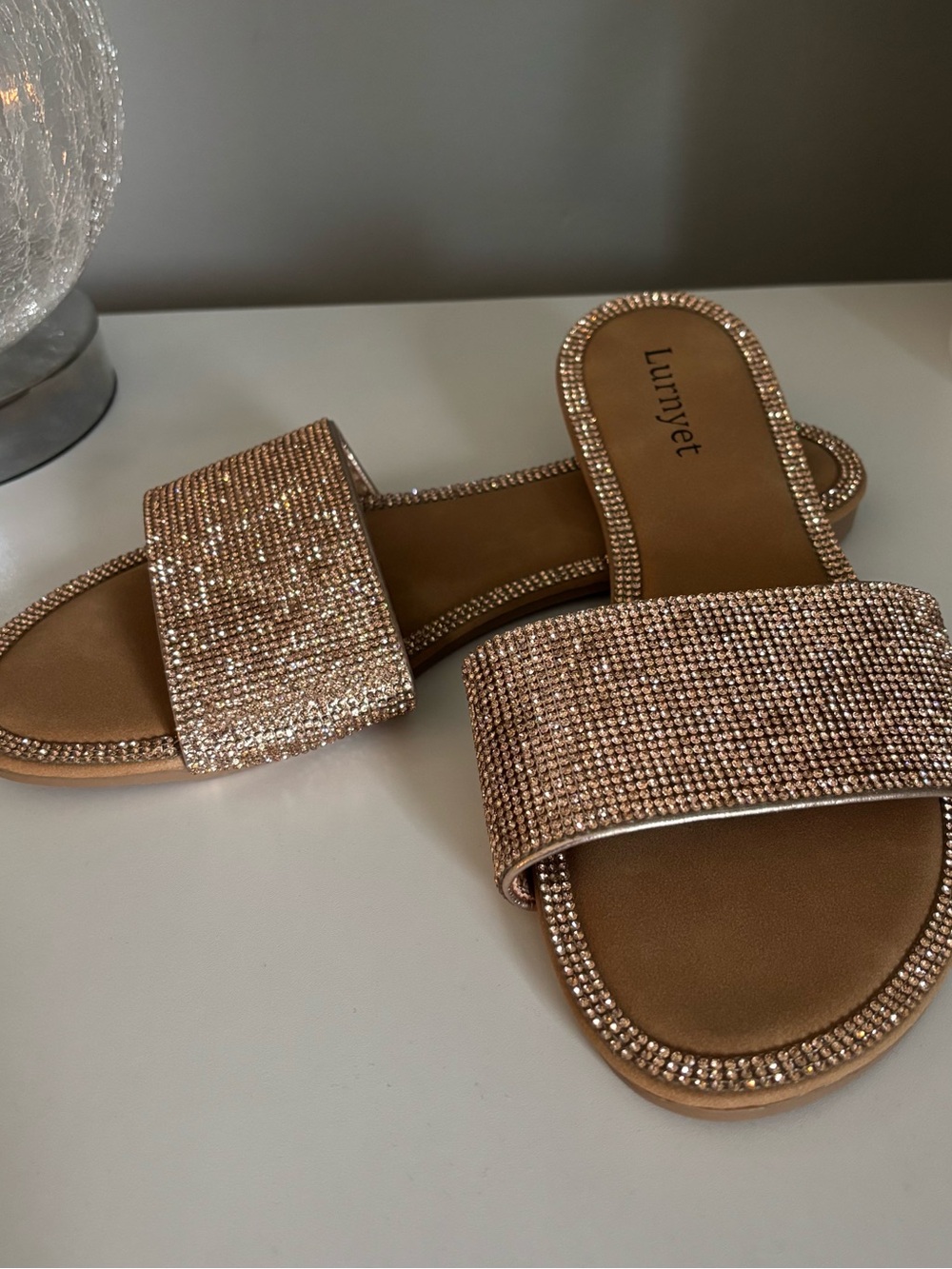 Lurnyet Rose Gold Rhinestone Slide Sandals Size 8 New